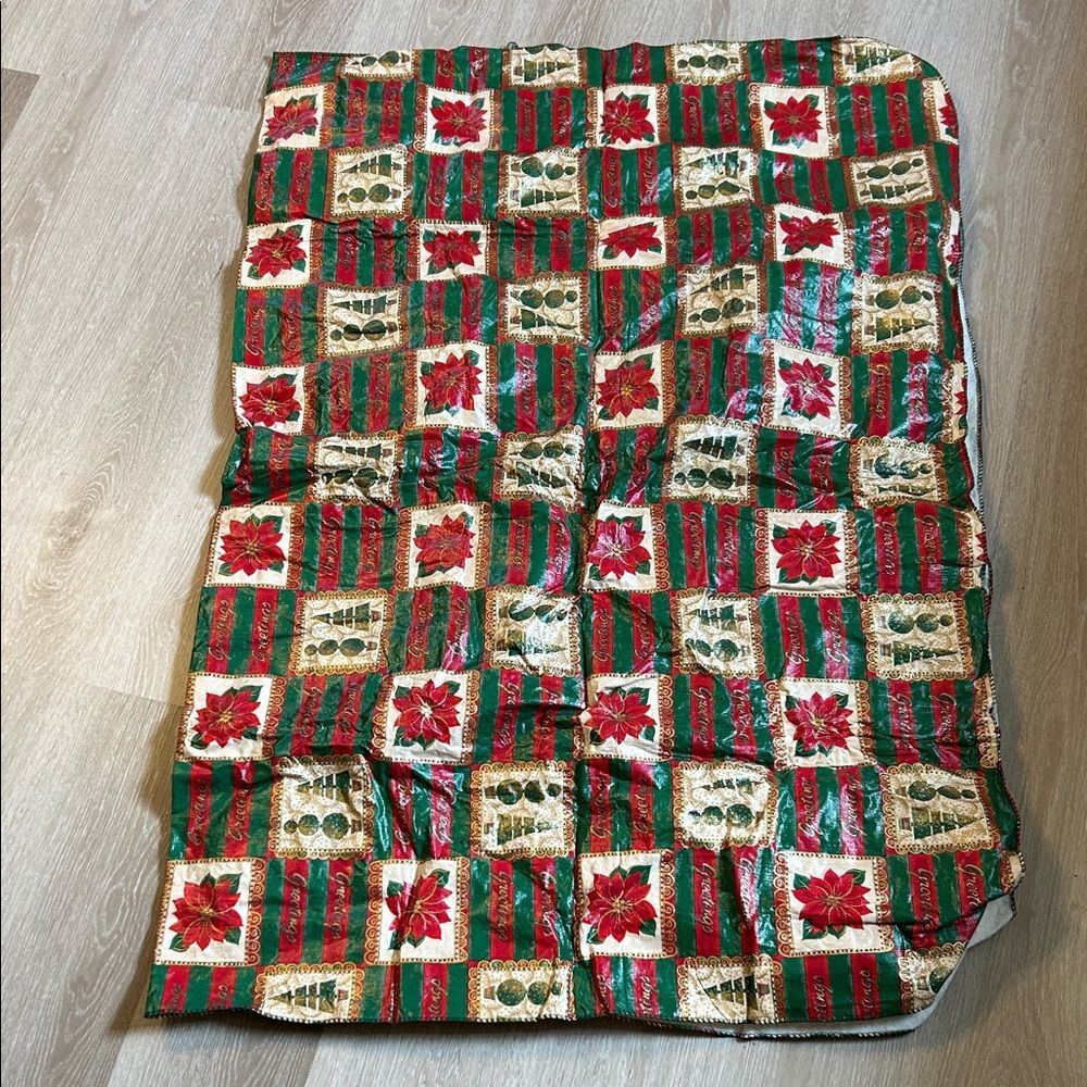 Vinyl Holiday Patchwork Vintage Tablecloth Ponsettas, Trees, “Greetings”